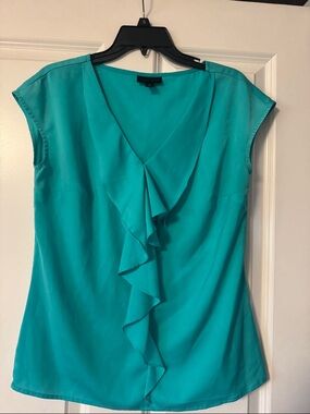 Worthington Teal Ruffle V-Neck Blouse